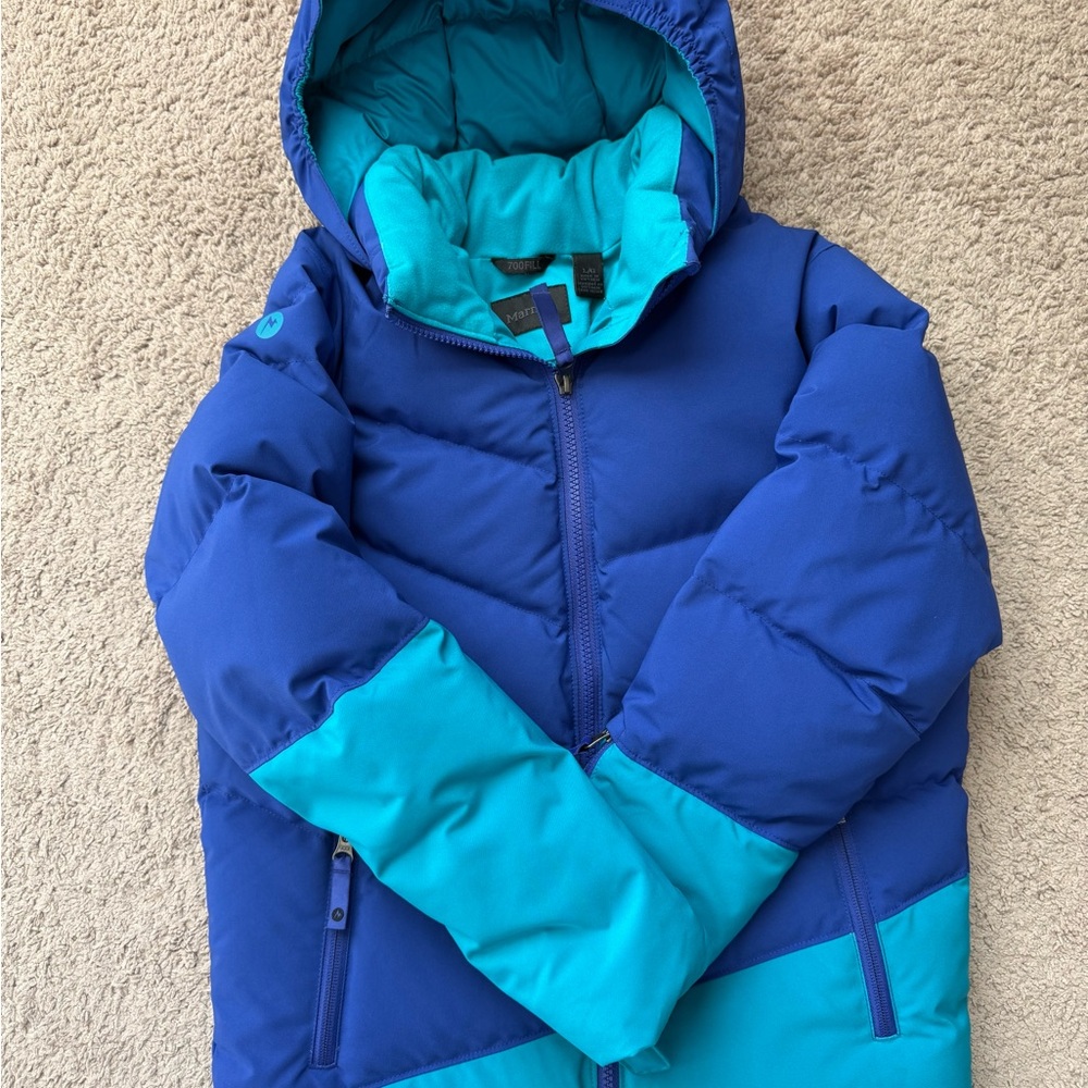 Kids size L Marmot Vibrant Blue Jacket, 700 fill down